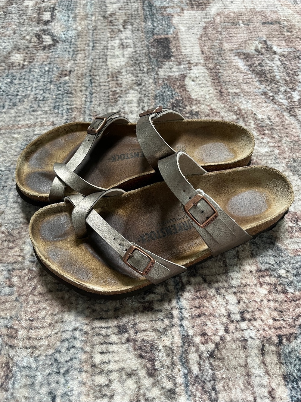 Birkenstock Metallic Bronze Two-Strap Slide Sandals